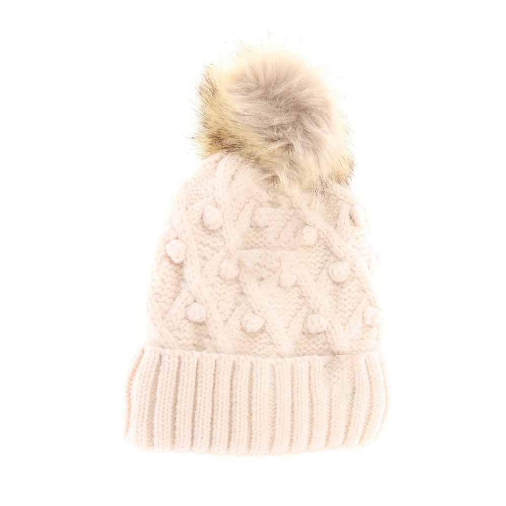 Beige KIDS Bobble Knit Faux Fur Pom C.C Beanie combines warmth and style, offering cozy comfort with its soft knit fabric and a plush faux fur pom-pom. Designed specifically for children, it provides a secure, comfortable fit to keep little heads warm during colder months while adding a playful, fashionable touch. Durable and easy to wear, this beanie is ideal for everyday winter activities. 