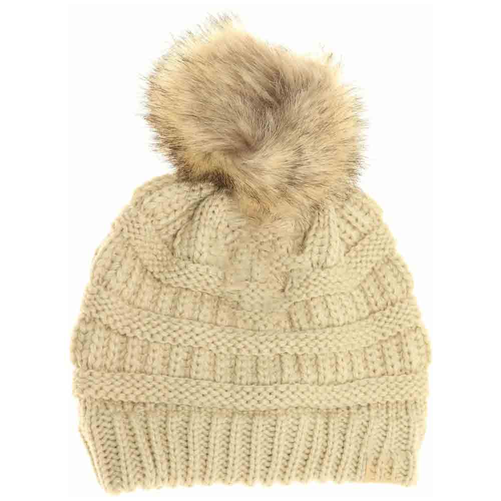 Beige Kids Fur Pom CC Beanie combines warmth and style with a soft, comfortable fabric that shields young heads from cold weather. Its plush fur pom adds a fashionable accent while maintaining breathability, ensuring all-day comfort and protection during outdoor play or casual outings. Designed for durability and ease of wear, this beanie is an essential winter accessory for active children. 