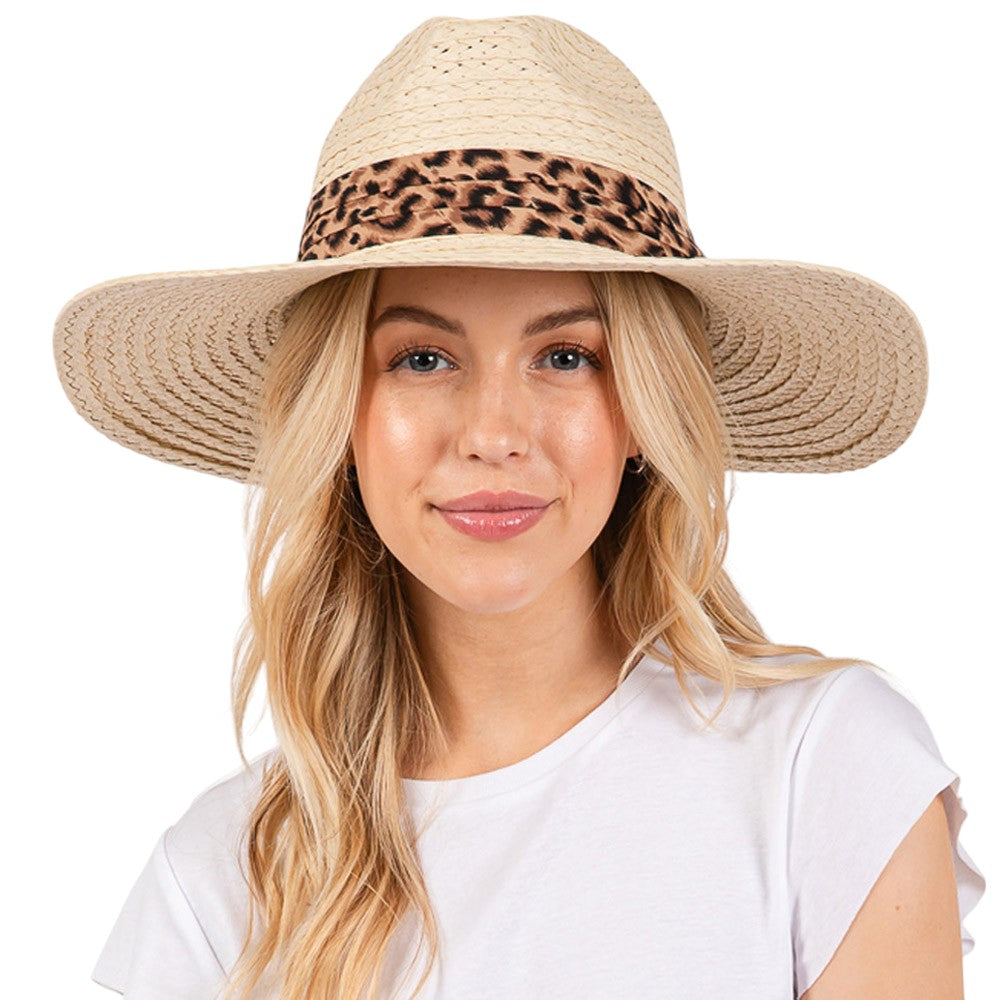 Beige Leopard Band Straw Sun Hat features a leopard print band for a touch of personality. Made of durable straw, it protects from the sun's harsh rays. Stay cool and fashionable while lounging on the beach or exploring the city. 