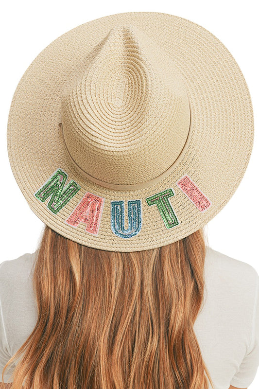 Beige NAUTI Sequin Letter Panama Hat showcases advanced craftsmanship through precisely positioned sequin lettering spelling "NAUTI." The hat employs a specialized weave density that creates optimal airflow while maintaining structural resilience against environmental stressors. Its scientifically calibrated brim width provides maximum UV protection without compromising peripheral vision. The interior features a hypoallergenic moisture management system that regulates temperature during prolonged wear. 
