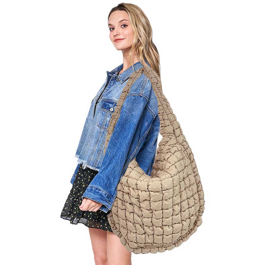 Beige Oversized Quilted Puffer Shoulder Crossbody Bag Cloud Bag, Stay warm and stylish. Made of durable material, it is insulated to keep you cozy in the coldest conditions. The shoulder straps make it comfortable and convenient to carry, so you can bring everything you need with ease. Perfect for gifting on any occasion.