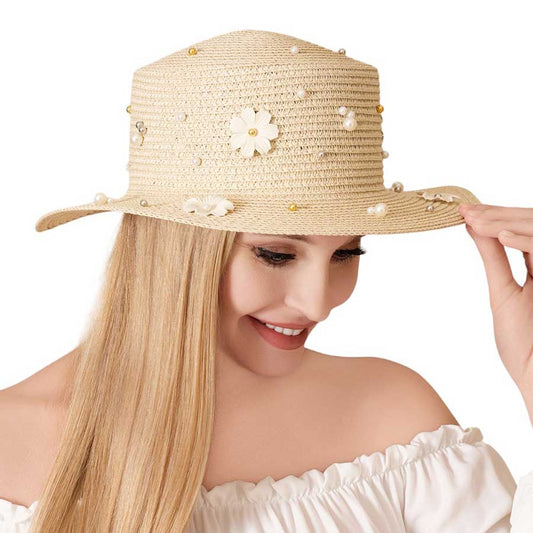 Beige Pearl Flower Embellished Straw Sun Hat, is a must-have for any fashion-forward individual! The beautifully crafted pearl flower detailing adds a touch of elegance to the classic straw sun hat. Protect your skin from the sun's harmful rays while looking stylish and chic. Perfect for any outdoor occasion! 