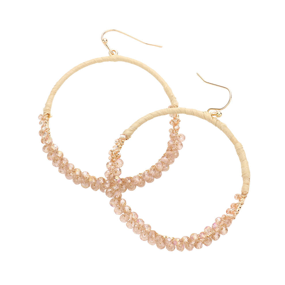 Beige Raffia Faceted Bead Wrapped Open Metal Circle Earrings, turn your ears into a chic fashion statement with these raffia faceted bead earrings! These open metal circle earrings are very lightweight and comfortable, you can wear these for a long time on occasion. The beautifully crafted design adds a gorgeous glow to any outfit.