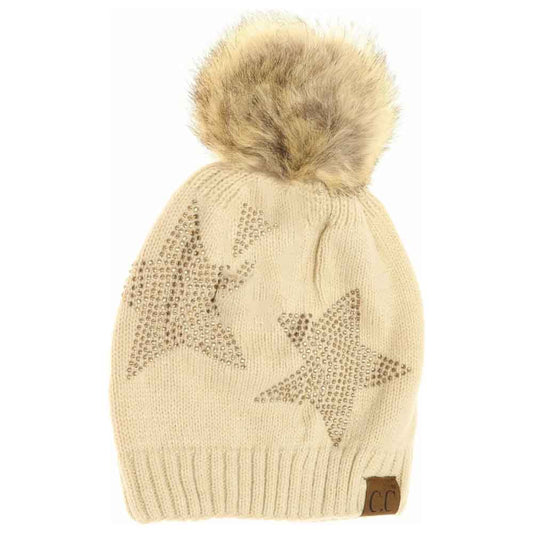 Beige Rhinestone Star Fur Pom CC Beanie offers a sophisticated blend of functionality and style. Crafted with high-quality knit fabric, it provides exceptional warmth and comfort during colder months. The distinctive rhinestone star embellishment adds a subtle sparkle, while the soft fur pom delivers a fashionable yet cozy finish. Ideal for elevating everyday winter ensembles, this beanie strikes a perfect balance between practicality and a refined aesthetic. 