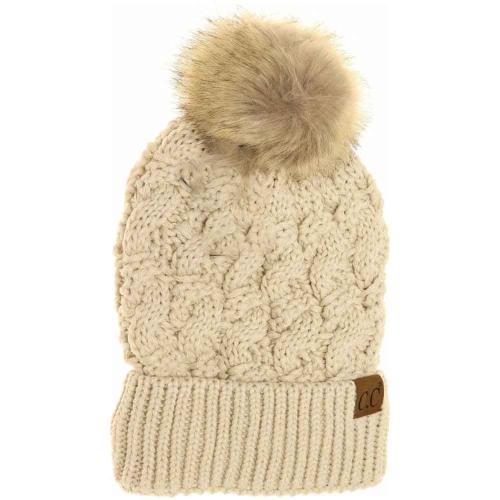 Beige Ribbed Cable Knit Fur Pom Beanie combines classic cable knit craftsmanship with a contemporary ribbed texture for enhanced flexibility and fit. Crafted to provide warmth without compromising breathability, this beanie features a soft fur pompom for a stylish accent. Its structured design ensures lasting comfort, making it an ideal accessory for cold weather while maintaining a polished, sophisticated look. 