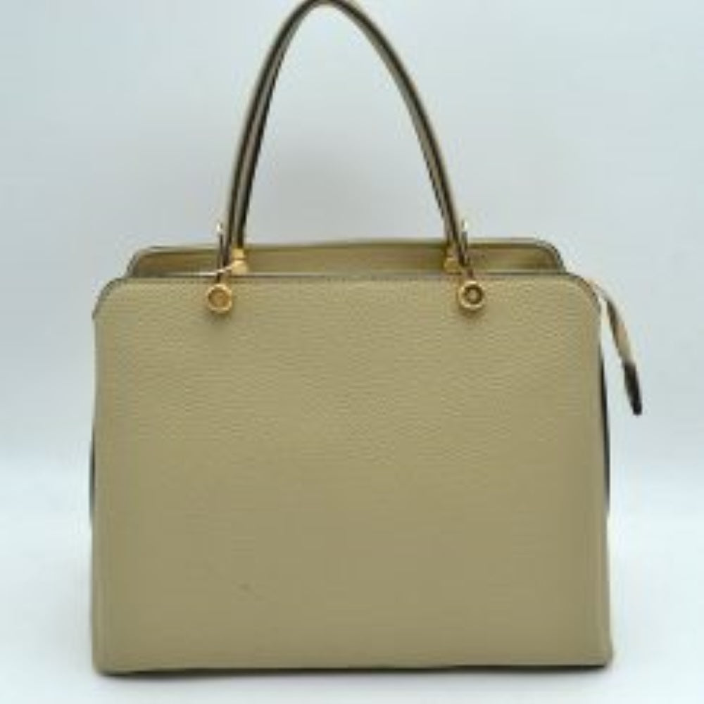 Beige This structured handbag is designed for everyday use, featuring dual arched top handles attached with round metallic hardware. The design includes multiple storage compartments to organize your belongings, featuring a central zippered closure alongside separate side compartments.