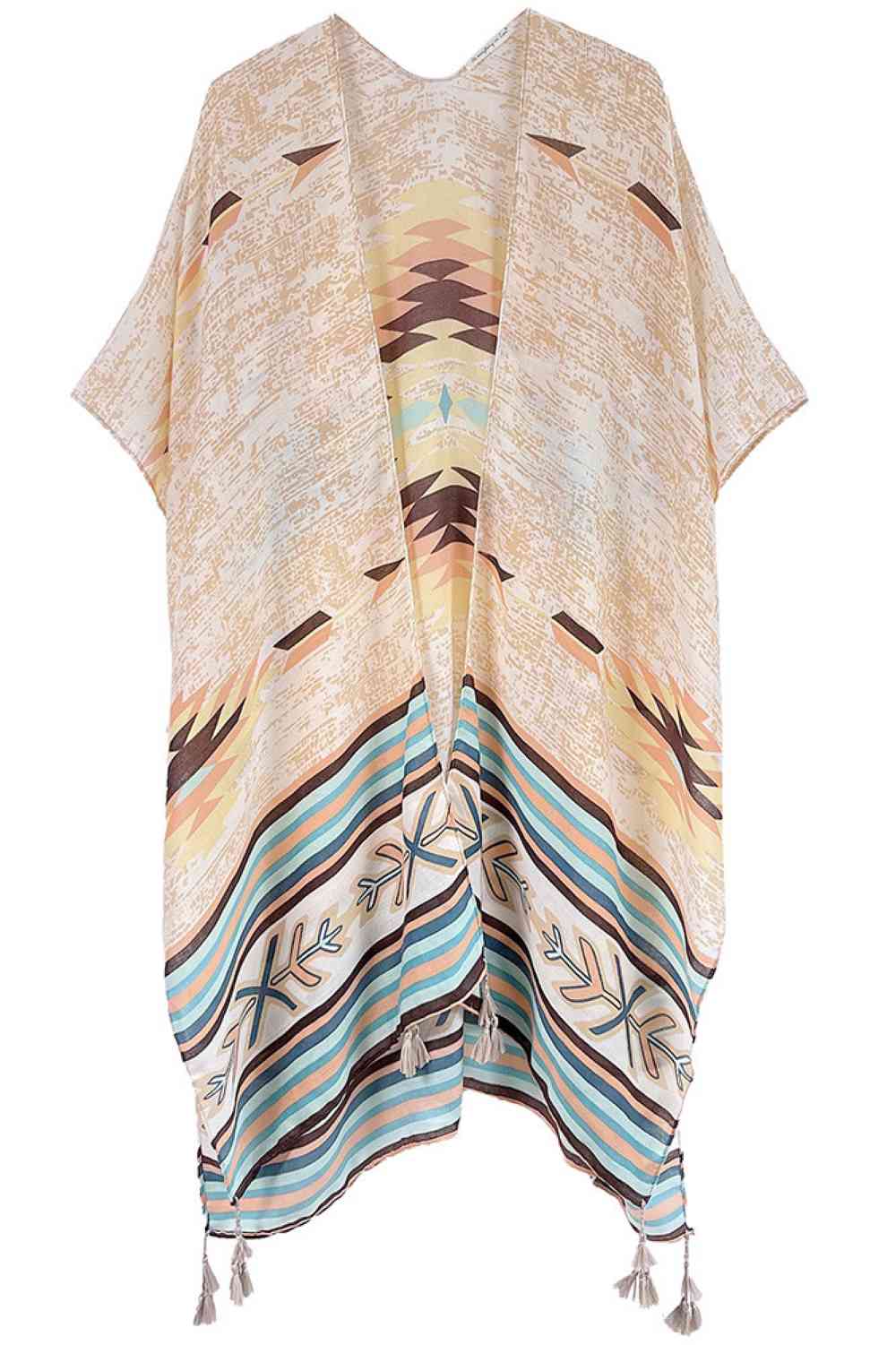 Beige Embrace bohemian elegance with this striking Aztec Pattern Print Tassel Kimono. Crafted from lightweight 100% polyester, this versatile piece features bold geometric patterns inspired by traditional Aztec designs, complete with decorative tassels for added flair. Perfect for layering over dresses, swimwear, or casual outfits, it offers effortless style and comfort. With generous dimensions of 35.4" x 35.4", it drapes beautifully on most body types. Ideal for beach days, festivals, or relaxed everyday 