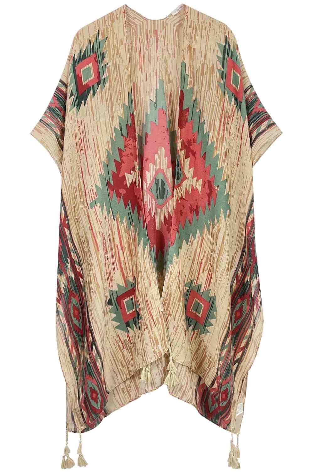 Beige Embrace bohemian elegance with this Aztec Print Tassel Kimono. Featuring vibrant geometric patterns inspired by traditional Aztec designs, this lightweight piece drapes beautifully over any outfit. The decorative tassels add movement and flair, while the generous 35.4" x 35.4" dimensions provide versatile styling options. Crafted from soft, breathable 100% polyester, it's perfect for layering during warmer months or as a beach cover-up. An effortless way to add cultural-inspired style to your wardrobe