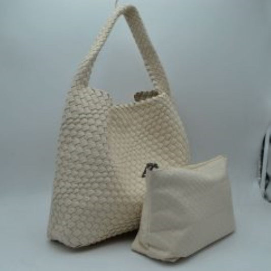 BeigeThis chic, slouchy shoulder bag features an intricate basket-weave design in a creamy off-white tone, offering a highly textured and relaxed silhouette for stylish everyday use. It is crafted with an integrated wide, woven top handle that extends seamlessly from the main body panels for comfortable over-the-shoulder carrying. The spacious open-top main compartment provides effortless access to your items and comes complete with a matching