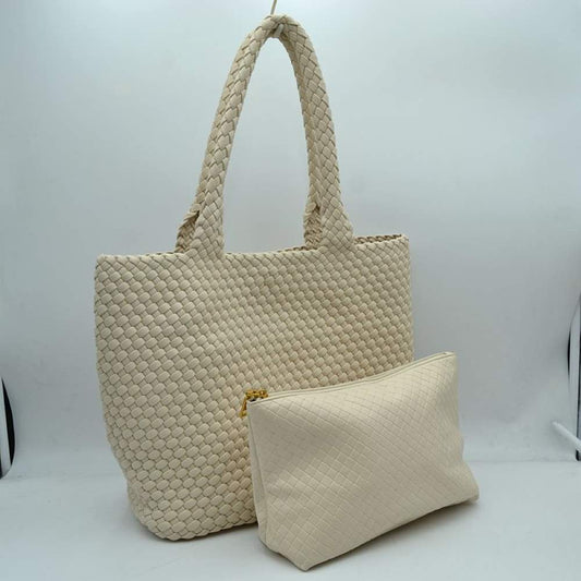 Beige This structured tote bag features an intricate basket-weave design across its body and integrated shoulder straps, creating a textured look suitable for everyday use. The main storage compartment offers a wide, open-top design for easy access to daily essentials. Accompanying the larger bag is a matching smaller pouch with a distinct woven exterior pattern and a secure gold-tone top zipper closure to keep smaller items organized.