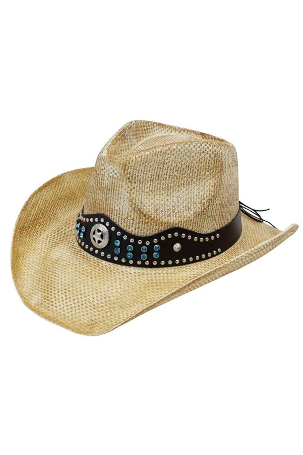 Beige Embrace Western style with this rustic straw cowboy hat, featuring a faux leather band adorned with beads and studs for authentic cowgirl charm. Crafted from 100% paper material, it's lightweight and breathable perfect for outdoor adventures, festivals, or everyday wear. The silver accents add a touch of sparkle to your look. Made in China.