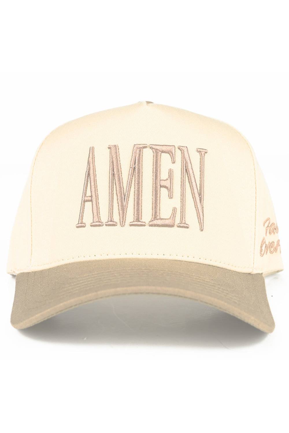 Beige Embrace faith over fear with this striking C.C AMEN embroidered trucker hat. Featuring bold two-tone styling and classic snap back closure, it's designed for everyday wear and spiritual expression. Crafted from 100% cotton for breathability and comfort, this one-size-fits-all cap has a 22.5" circumference that adjusts to most head sizes. The structured trucker silhouette offers excellent sun protection and a timeless look. Made in Vietnam with quality construction that lasts. Perfect for those seeking