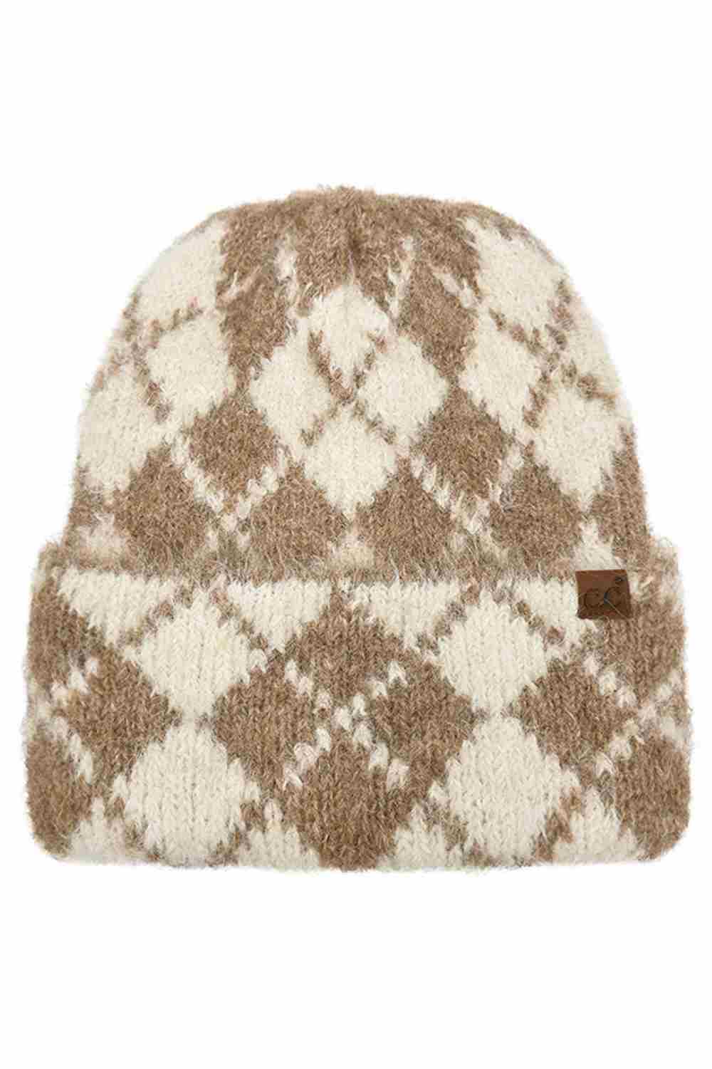 Beige C.C Argyle Pattern Cuff Beanie Winter Hat features a classic argyle knit design with a cozy cuff for a timeless cold-weather look. Made with a soft stretch fit, it delivers warm comfort while adding subtle style to your everyday winter outfits.