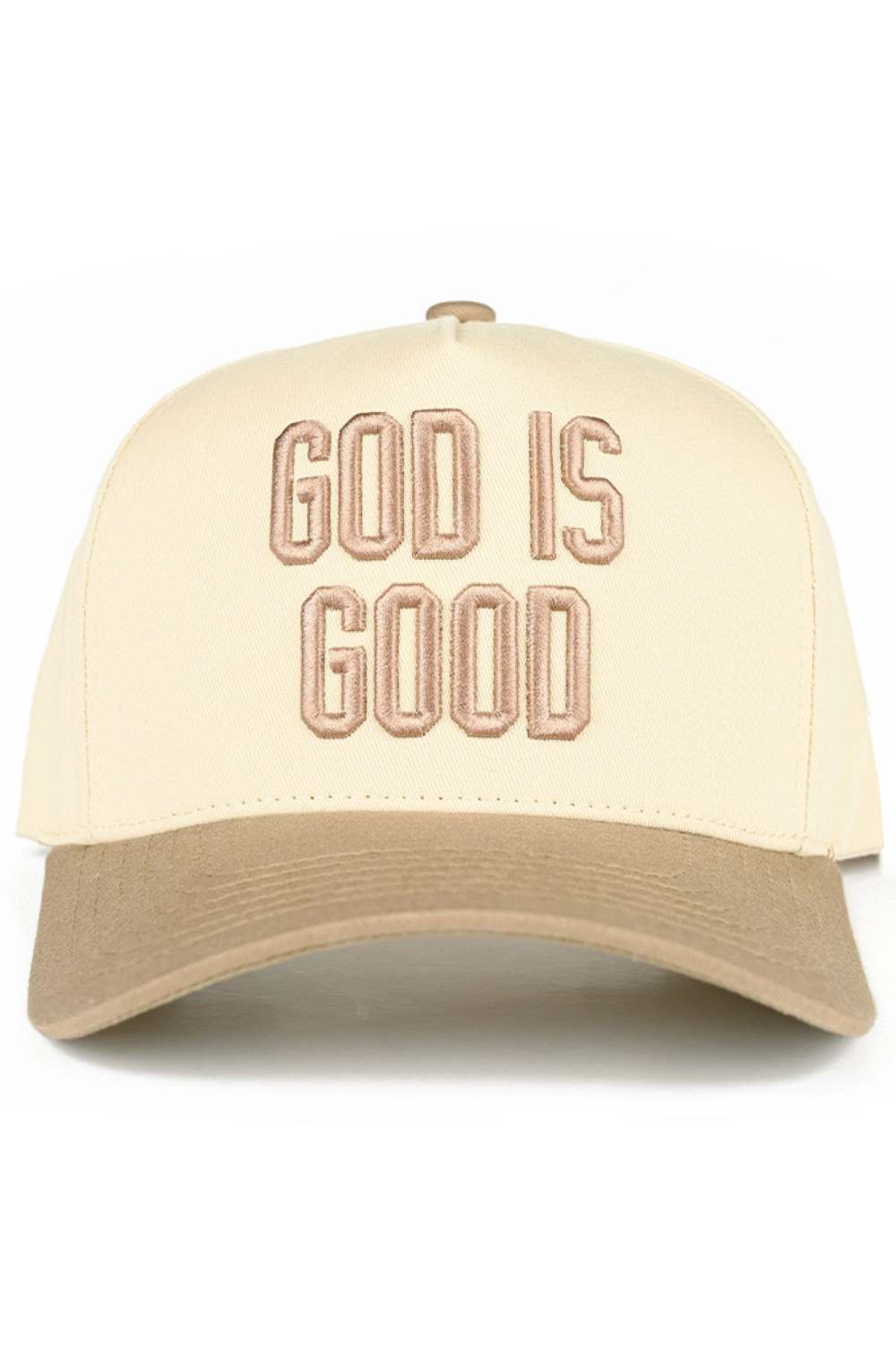 Beige Elevate your everyday style with this classic two-tone trucker hat featuring "GOD IS GOOD" embroidered lettering. Crafted from 100% cotton for breathability and comfort, this snapback design offers a one-size-fit-all approach with a 22.5" circumference. Perfect for casual outings, outdoor activities, or making a faith-inspired statement. The structured trucker silhouette provides excellent sun protection while maintaining a timeless, versatile look that pairs effortlessly with any wardrobe. Made in Vi
