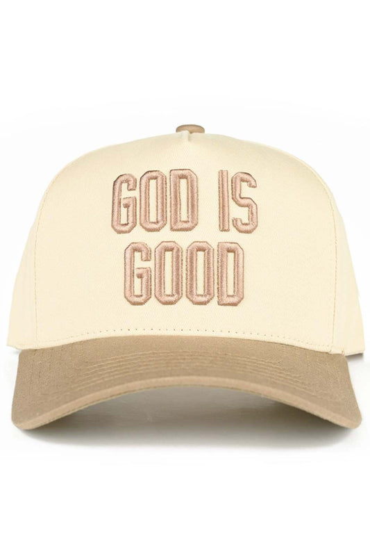 Beige Elevate your everyday style with this classic two-tone trucker hat featuring "GOD IS GOOD" embroidered lettering. Crafted from 100% cotton for breathability and comfort, this snapback design offers a one-size-fit-all approach with a 22.5" circumference. Perfect for casual outings, outdoor activities, or making a faith-inspired statement. The structured trucker silhouette provides excellent sun protection while maintaining a timeless, versatile look that pairs effortlessly with any wardrobe. Made in Vi
