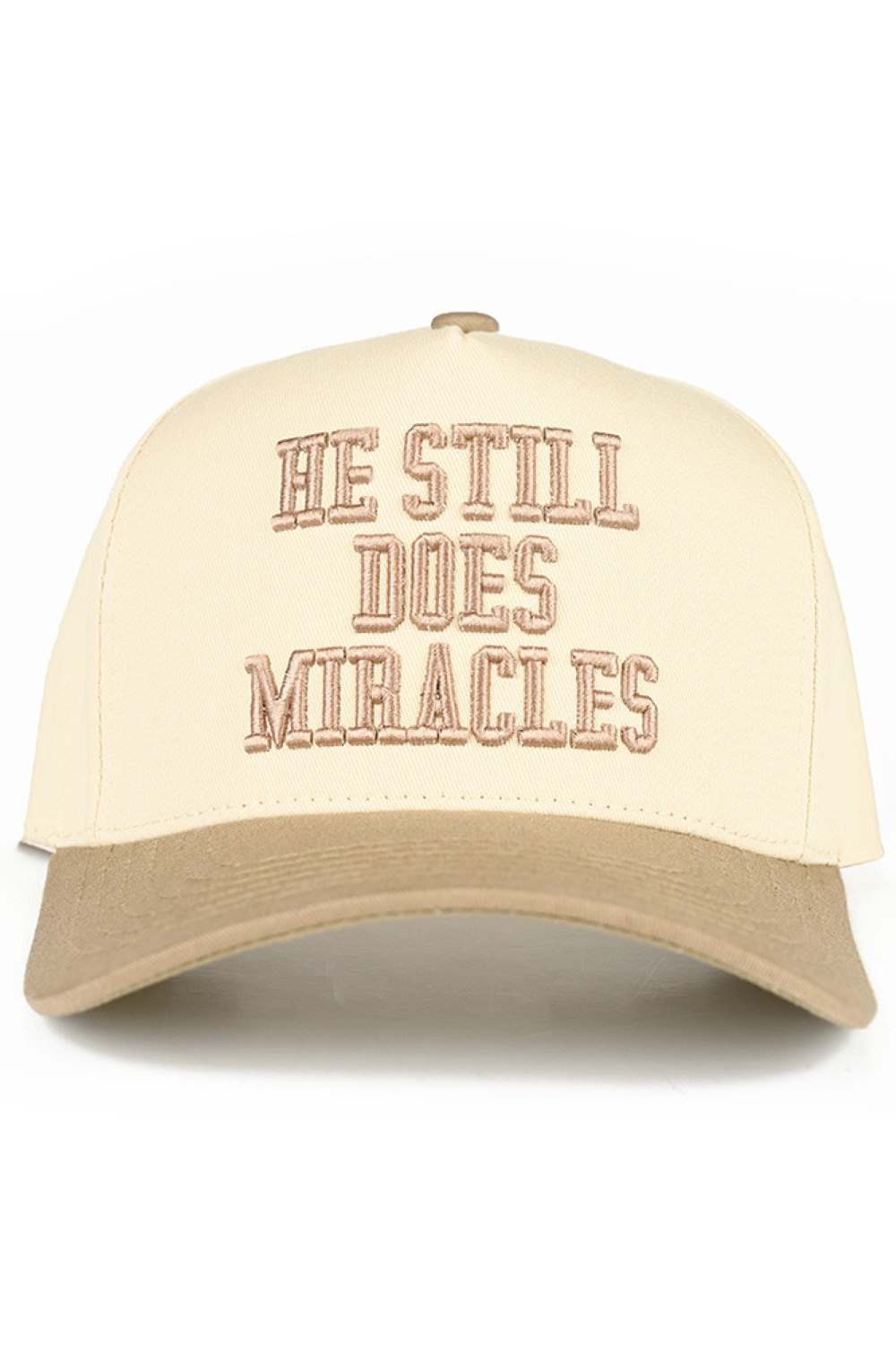 Beige C.C HE STILL DOES MIRACLES Embroidered Letter Two Tone Baseball Cap Trucker Hat Snap back closure for adjustable fit. Crafted from 100% cotton for breathability and comfort. Features embroidered lettering on a classic two-tone design. One size fits most with a 22.5" circumference.&nbsp;