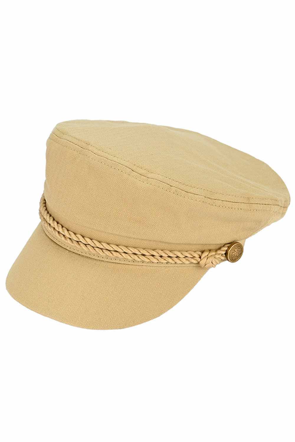 Beige Classic cotton fishing cap with timeless appeal. Crafted from 100% cotton for breathability and comfort, this solid-color cap features decorative rope detailing with button accents for a refined look. The structured design includes a 2" brim for sun protection, fitting most head sizes at 22.5–23" circumference. Perfect for outdoor adventures, casual wear, or everyday style.