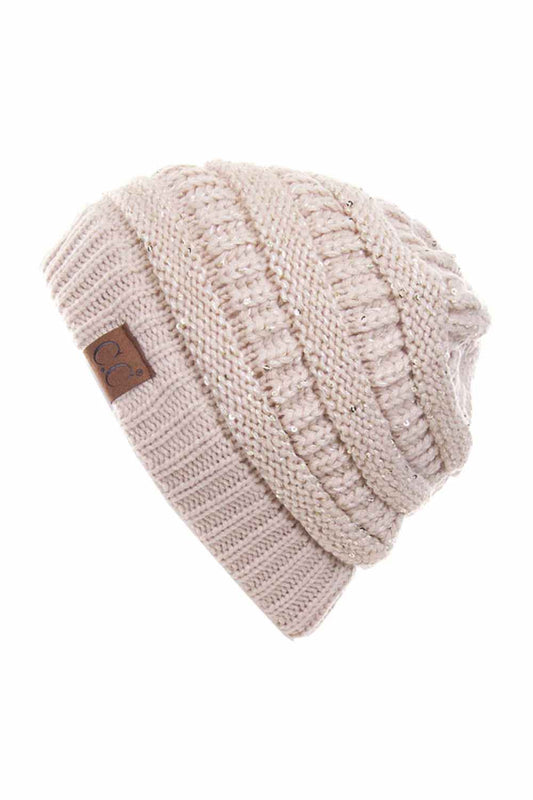 Beige C.C Sequin Ponytail Messy Bun Beanie with open top design lets you pull your hair through for a stylish, effortless look. Crafted from 100% soft acrylic, this cozy beanie keeps you warm while showcasing your ponytail or messy bun. The shimmering sequin detailing adds sparkle and dimension to your winter style. Perfect for casual days, outdoor activities, or layering under jackets. One size fits most for comfortable, versatile wear that works with any outfit.