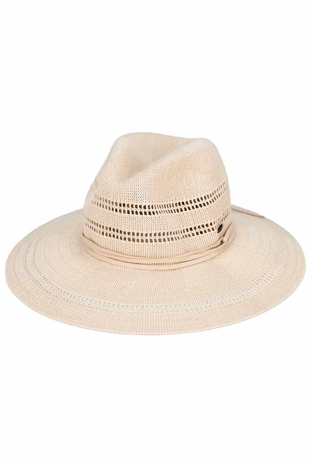 Beige Elevate your sun protection with the C.C Suede Band Knitted Panama Sun Hat. This versatile style features a breathable cotton-polyester blend that keeps you cool and comfortable all day long. The classic panama silhouette is enhanced with a sophisticated suede band detail, adding an upscale touch to any warm-weather outfit. Designed for a universal fit with a 22.6" circumference, this hat offers a 3.5" brim for reliable sun coverage and a 4" crown for a flattering shape. Whether you're heading to the 