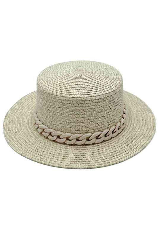 Beige Make a statement with this Chain Accent Boater Hat, designed for effortless summer style. Crafted from 100% paper, it's lightweight and breathable perfect for all-day wear at the beach, outdoor events, or casual outings. The eye-catching chain accent detail elevates the classic boater silhouette, adding modern flair to a timeless shape.