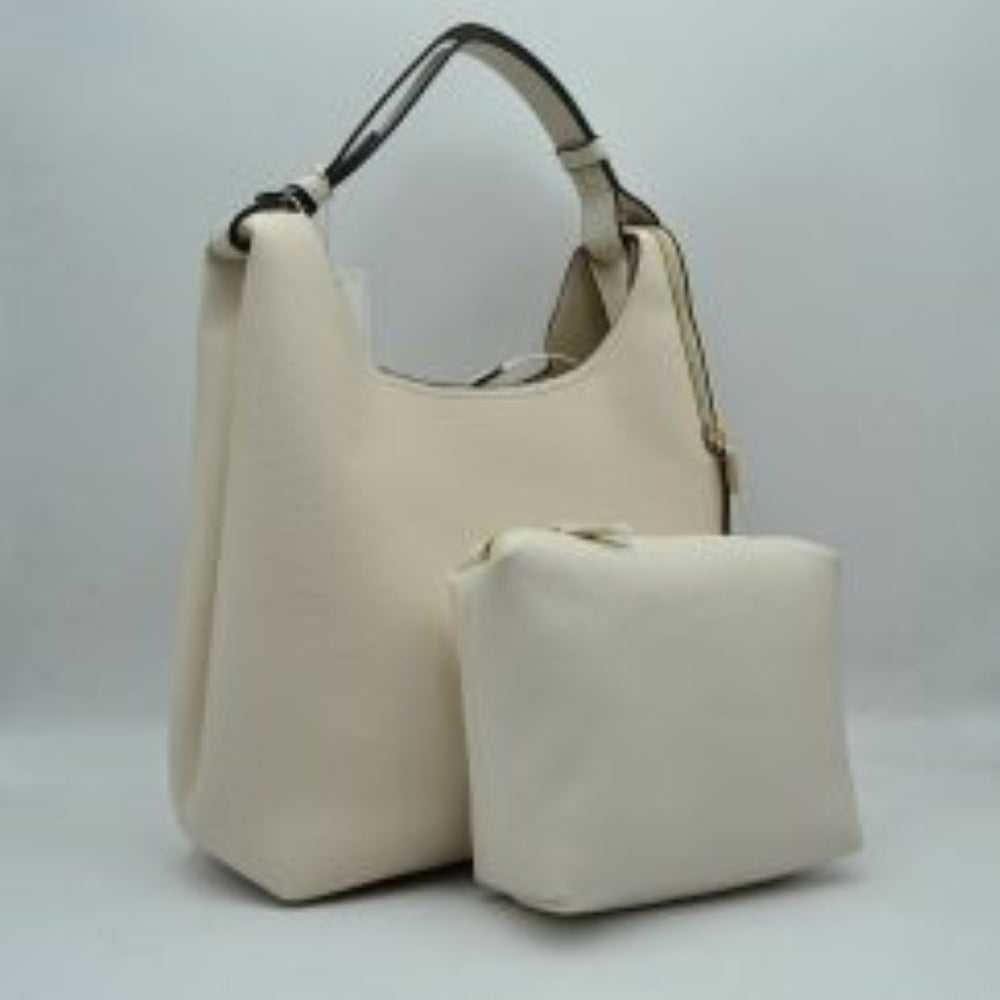 Beige This stylish hobo shoulder bag features a textured exterior with a relaxed, slouchy silhouette that is perfect for everyday use. It is equipped with a wide, integrated top handle attached seamlessly via metallic loops for comfortable carrying on the shoulder or by hand. The open top curves downward into a spacious main storage compartment, which is accompanied by a matching, separate rectangular pouch featuring a secure top zipper closure to keep smaller essential items organized and safe.