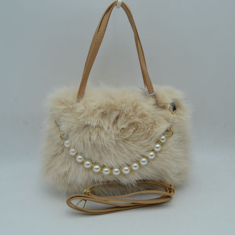 Beige This unique everyday handbag showcases a soft, textured plush exterior that introduces a cozy aesthetic to your accessory collection. The bag features an expansive central storage compartment to accommodate your daily essentials, styled with double top handles for traditional hand carrying. A distinctive strand of large pearl-like beads draped across the front adds a elegant decorative accent