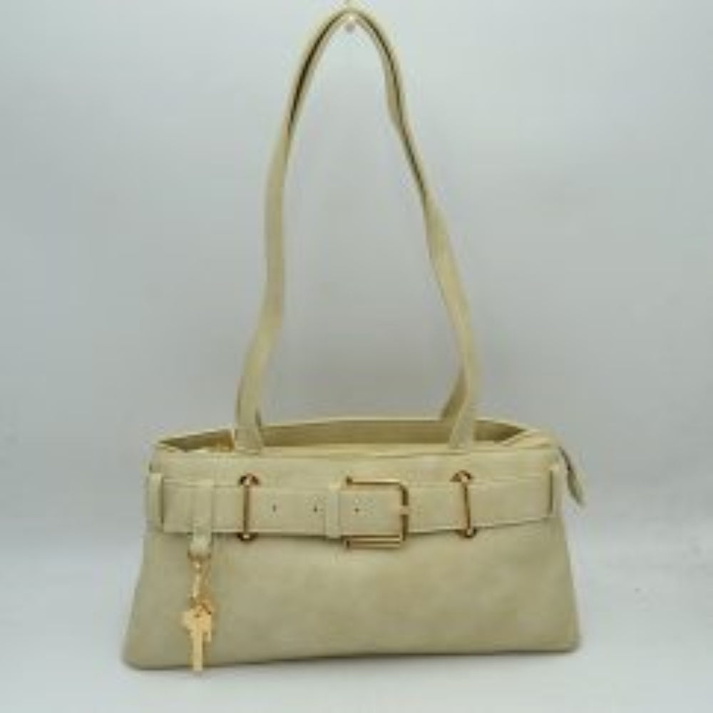 Beige  This rectangular shoulder bag features a distinctive wide belt detail running horizontally across the upper front panel, secured with a central metallic buckle and supported by matching metallic loops. Attached to one of the front belt loops is a decorative key charm suspended from a small clip. The bag is designed with dual fixed shoulder straps extending upwards from the body, and the main storage compartment is accessed via a top zipper closure with a fabric pull tab.