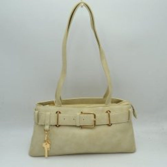 Beige  This rectangular shoulder bag features a distinctive wide belt detail running horizontally across the upper front panel, secured with a central metallic buckle and supported by matching metallic loops. Attached to one of the front belt loops is a decorative key charm suspended from a small clip. The bag is designed with dual fixed shoulder straps extending upwards from the body, and the main storage compartment is accessed via a top zipper closure with a fabric pull tab.
