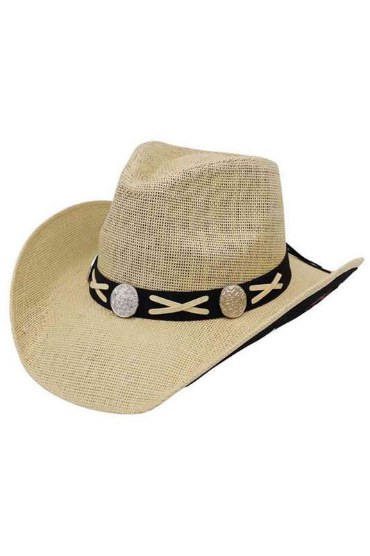 Beige Embrace authentic Western style with this striking cowboy hat featuring a bold horse and horseshoe print. Crafted from 100% paper for breathable comfort, the design showcases decorative X-lace detailing and ornamental conchos that capture classic cowgirl charm. The under-brim construction adds dimension and visual interest. Perfect for rodeos, country events, or everyday Western wear. Made in China.