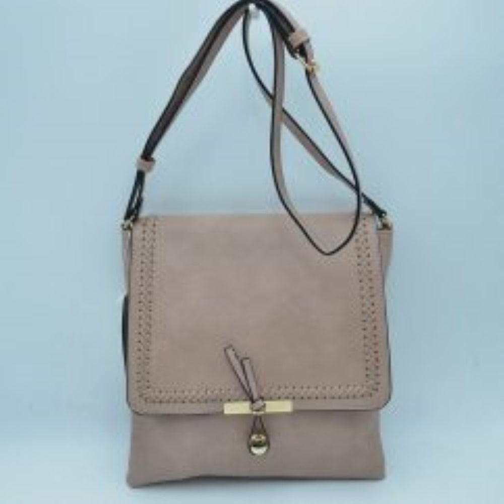 Beige Infuse your daily style with a touch of bohemian elegance with this classic flap crossbody bag. Boasting a softly structured, vertical square silhouette, this handbag stands out with intricate braided stitched detailing that frames the edges of the main top flap. A unique, polished metallic bar and dangling pull-tab closure anchor the front, offering a secure seal and a contemporary focal point.