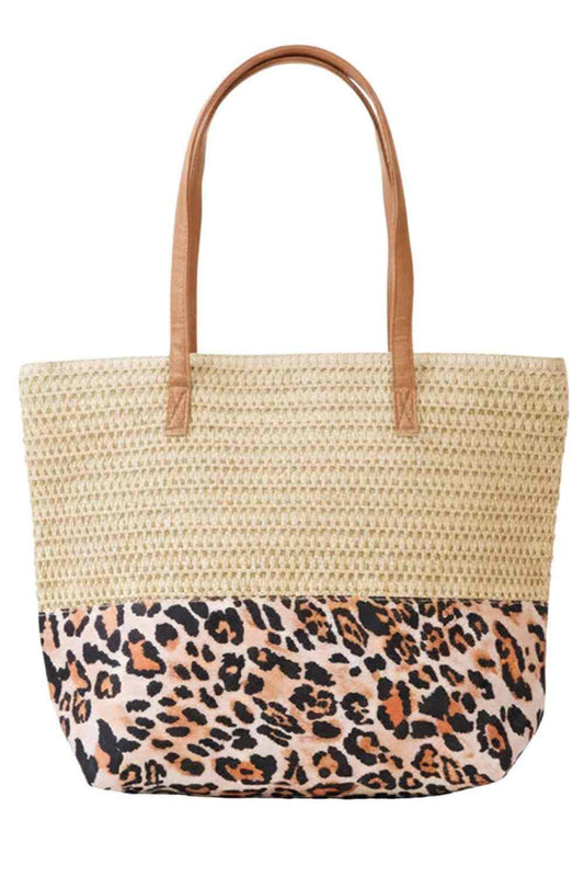 Beige Carry your essentials in style with this eye-catching leopard pattern tote bag. Featuring a classic straw construction combined with bold fabric print detailing, this 18" x 14" x 5" bag offers the perfect blend of texture and trend. The secure zipper closure keeps your belongings safe, while the convenient inner pocket provides organized storage. Crafted from 100% polyester for durability and easy care. An ideal companion for shopping, travel, or everyday adventures.