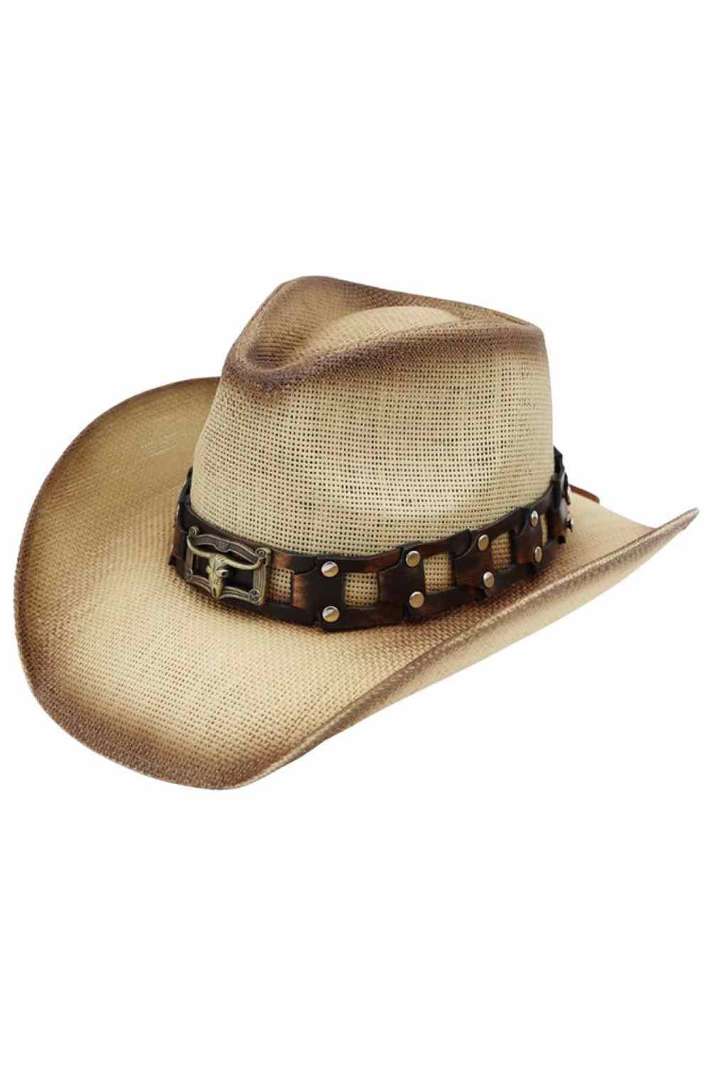 Beige Embrace authentic Western style with this Longhorn Buckle Rugged Studded Band Cowboy Hat. Crafted from 100% paper, this lightweight hat features a striking studded band and iconic longhorn buckle detail that captures true cowboy and cowgirl spirit. Perfect for ranch days, festivals, or making a bold fashion statement. Made in China with quality construction that delivers classic Western charm.