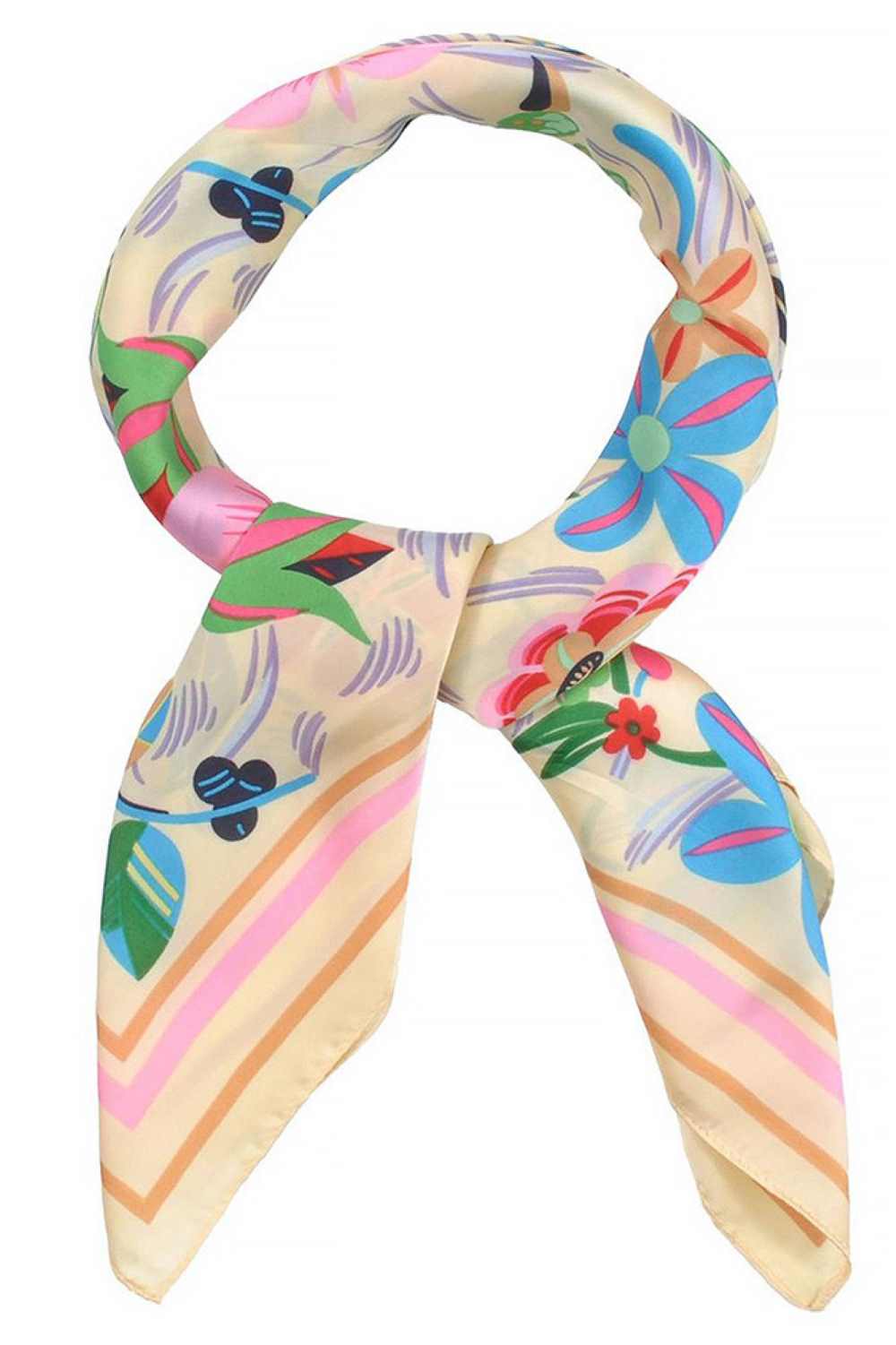 Beige Brighten your summer style with this lightweight bandana scarf featuring vibrant multi-color flowers and playful color-striped edges. Crafted from 100% polyester, it's breathable and perfect for warm weather wear. The generous 27.5" x 27.5" square size offers versatility—wear it as a headscarf, neck wrap, or accessory. Easy to care for and designed for everyday comfort, this cheerful piece adds a pop of color to any outfit.