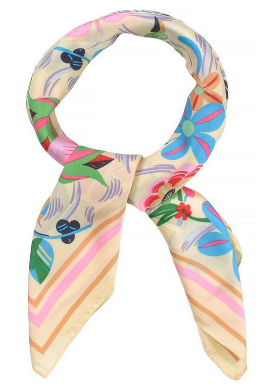 Beige Brighten your summer style with this lightweight bandana scarf featuring vibrant multi-color flowers and playful color-striped edges. Crafted from 100% polyester, it's breathable and perfect for warm weather wear. The generous 27.5" x 27.5" square size offers versatility—wear it as a headscarf, neck wrap, or accessory. Easy to care for and designed for everyday comfort, this cheerful piece adds a pop of color to any outfit.