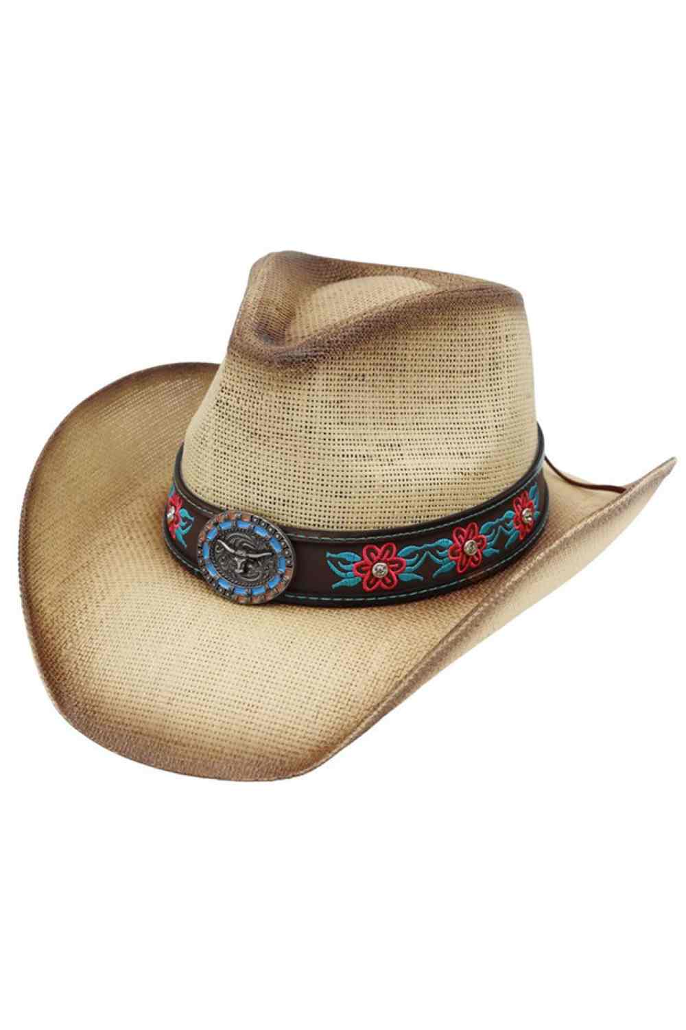 Beige Elevate your western style with this striking straw cowboy hat, featuring intricate rhinestone flower embroidery and an iconic longhorn steer concho. Crafted from 100% paper straw, it offers breathable comfort for all-day wear. Perfect for rodeos, country events, or making a bold fashion statement. The detailed embellishments add a touch of glamour to classic cowboy charm.