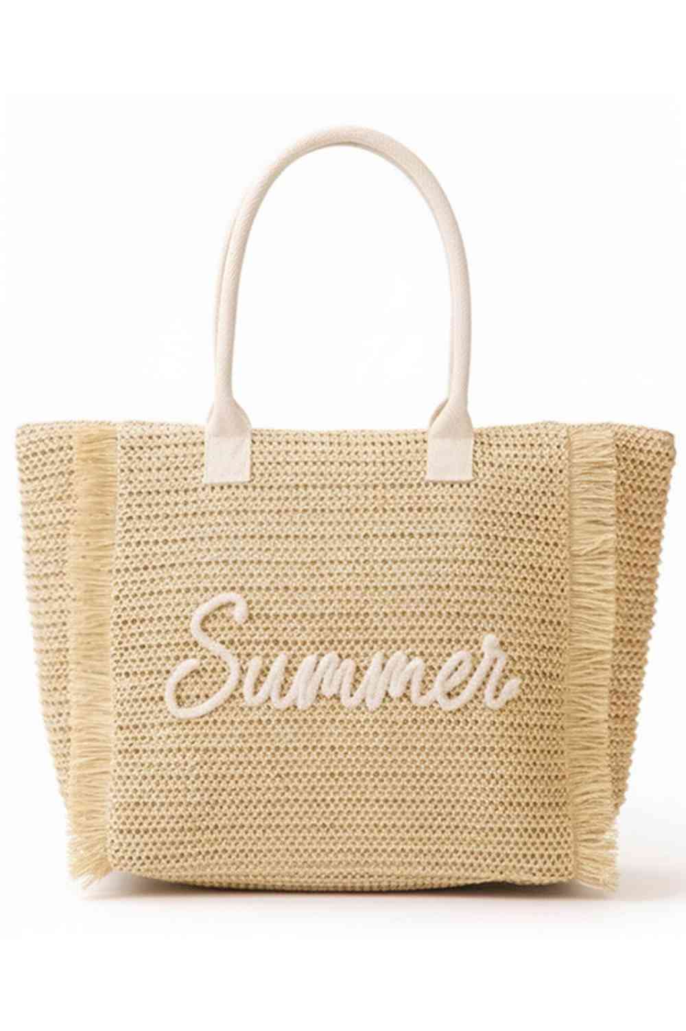 Beige Carry summer in style with this charming woven straw tote. Featuring playful "SUMMER" lettering accented with shimmering gold lurex thread, it's finished with a trendy fringe trim for extra flair. The spacious 13.5" x 14" x 5" design holds all your essentials, while the secure zipper closure and inner pocket keep everything organized. Crafted from 100% paper straw, it's lightweight and perfect for beach days, farmers markets, or casual outings. A versatile accessory that blends function with fun.