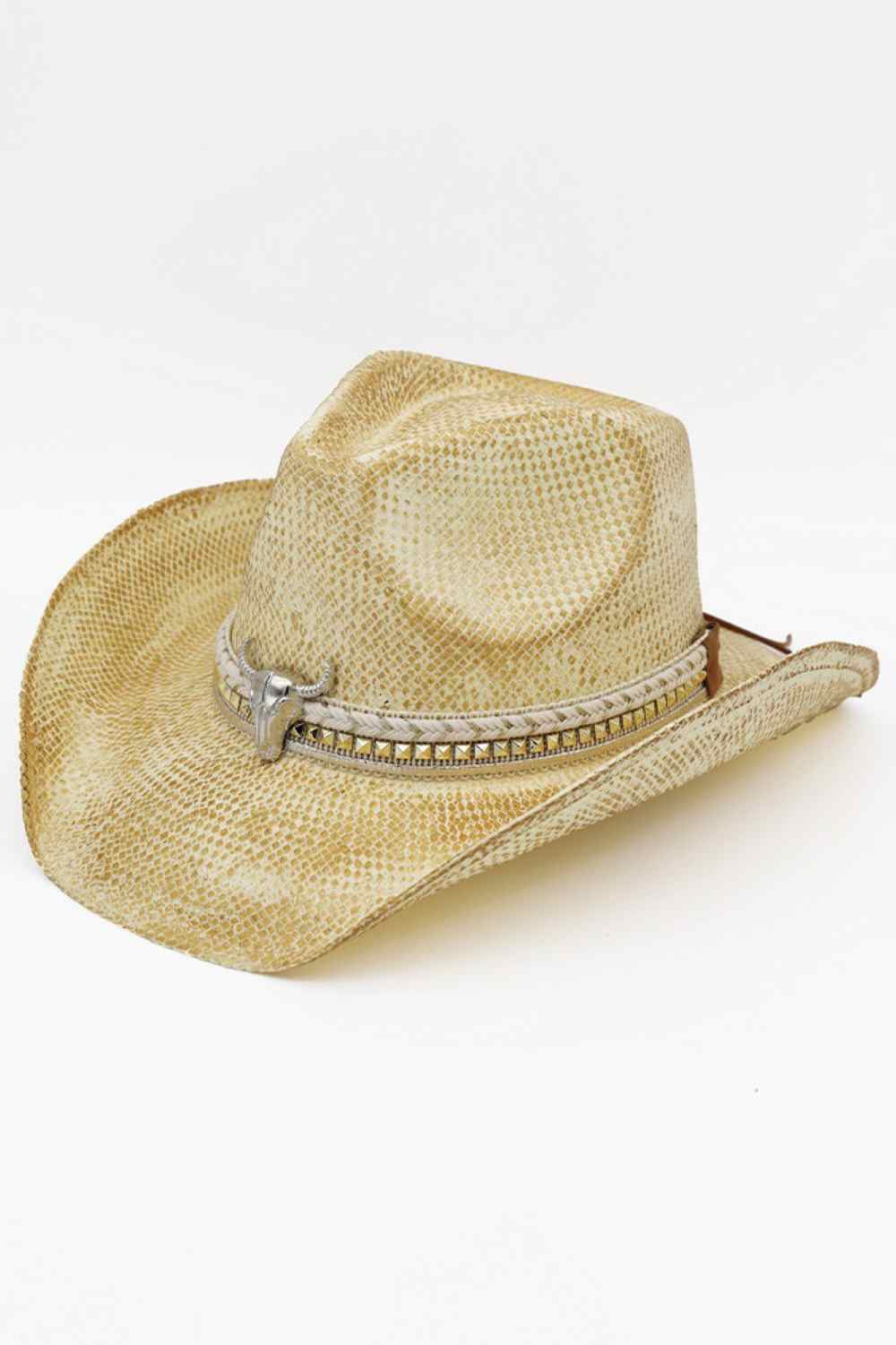 Beige Embrace authentic Western style with this handmade vintage cowboy hat, featuring a striking silver bull head emblem and multi-band design. Crafted from 100% paper, this lightweight hat delivers classic cowgirl charm with a modern edge. Perfect for rodeos, festivals, or everyday wear, it captures the spirit of the Old West while remaining comfortable and breathable. A timeless accessory that stands out from the crowd.