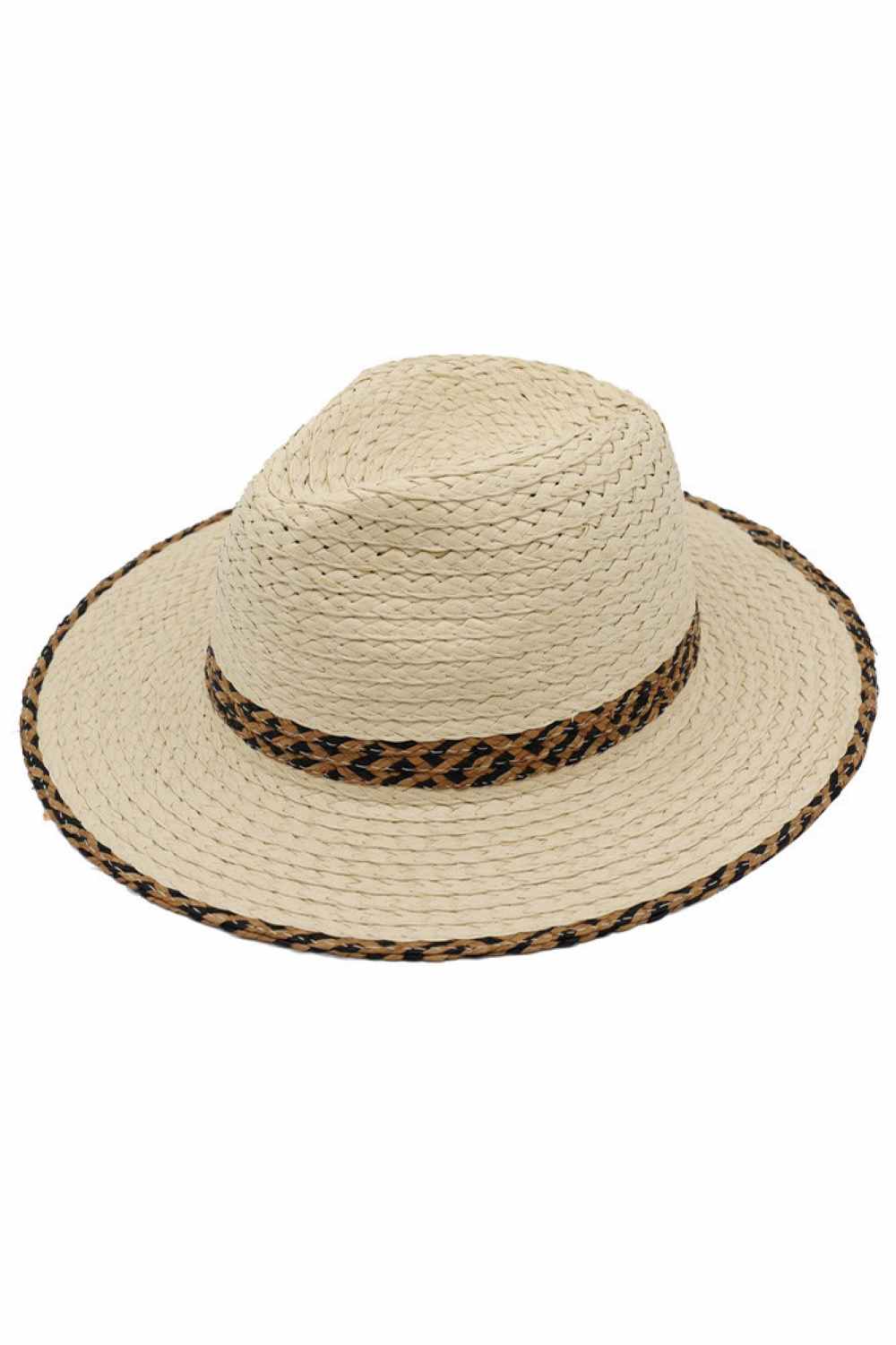 Beige Classic straw fedora sun hat crafted from 100% paper for lightweight comfort and breathability. Features a striking two-tone geometric pattern band that wraps around the crown, complemented by matching trim along the brim for a coordinated, polished look. The structured design provides excellent sun protection while the natural straw material keeps you cool during warm weather. Perfect for beach days, outdoor events, or casual summer style. Ideal for anyone seeking a timeless accessory that combines f