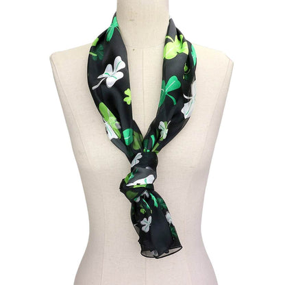Black-This set of 6 Silk Feel Satin Striped Clover Print Scarves offers both style and comfort. The luxurious satin material provides a soft and smooth feel against your skin, while the unique striped clover print adds a pop of color to any outfit. Perfect for any occasion, these scarves are a must-have accessory for any fashion-forward individual. 