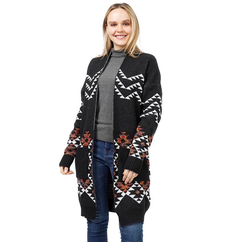 Black Aztec Patterned Sweater Cardigan, delicate, warm, on-trend & fabulous, a luxe addition to any cold-weather ensemble. This cardigan with a slouchy long sleeve is the perfect accessory featuring the oh-so-trendy soft chic garment, which keeps you warm, and toasty. Perfect Gift for wife, mom, birthday, holiday, etc.