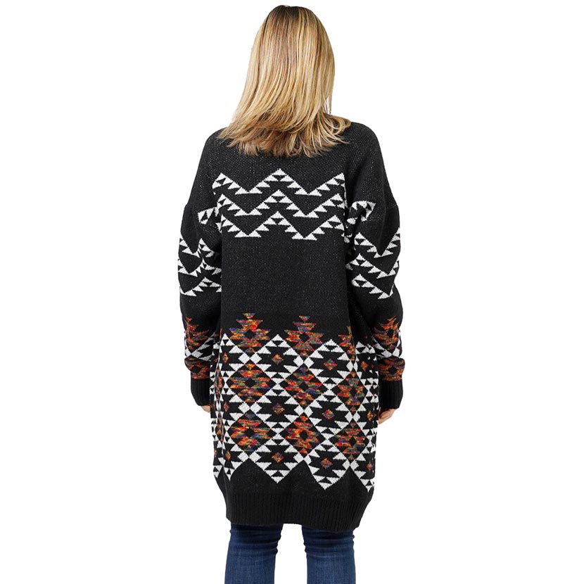 Black Aztec Patterned Sweater Cardigan, delicate, warm, on-trend & fabulous, a luxe addition to any cold-weather ensemble. This cardigan with a slouchy long sleeve is the perfect accessory featuring the oh-so-trendy soft chic garment, which keeps you warm, and toasty. Perfect Gift for wife, mom, birthday, holiday, etc.