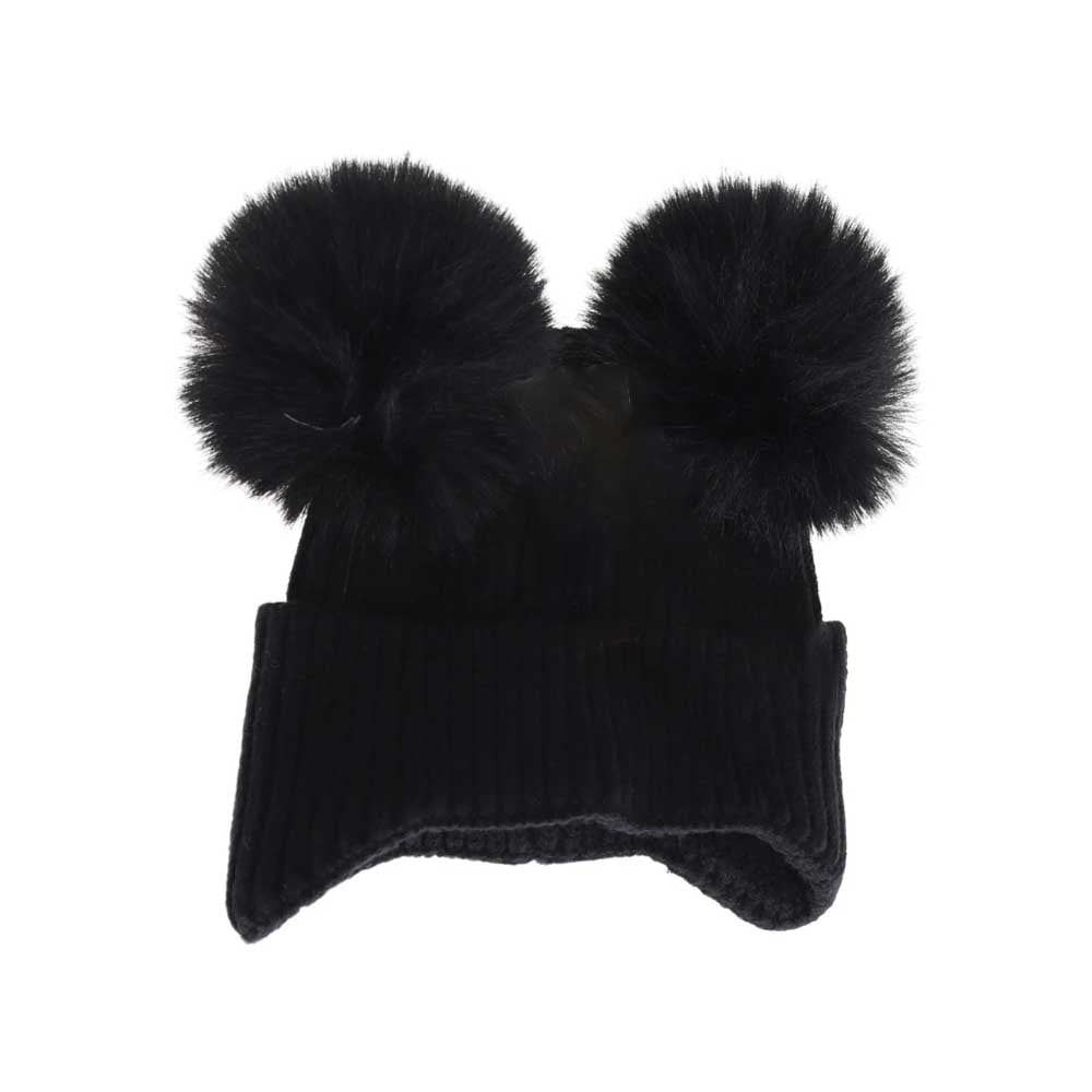 Black BABY Ear Flap Double Pom C.C Beanie features a double pom-pom design that adds charming style while keeping little heads warm. Crafted with soft, cozy materials, it offers gentle coverage for delicate ears, ensuring comfort in cooler weather. Its snug fit helps retain heat, making it an ideal accessory for cold outings or everyday wear. Designed with both function and cuteness in mind, this beanie provides reliable warmth without compromising on adorable appeal. 