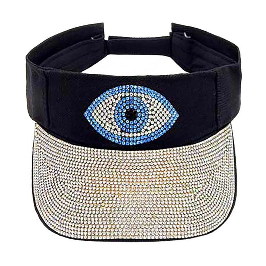 Black Bling Evil Eye Accented Visor Hat, keep your styles on even when you are relaxing at the pool or playing at the beach. Large, comfortable, and perfect for keeping the sun off of your face and neck. Ideal for travelers who are on vacation or just spending some time in the great outdoors.