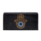 Black Bling Evil Eye Hamsa Hand Evening Clutch Crossbody Bag, is beautifully designed and fit for all special occasions & places. Perfect for makeup, money, credit cards, keys or coins, and many more things. This bling evil eye crossbody bag feature contains a detachable shoulder chain and magnetic closure that makes your life easier and trendier.