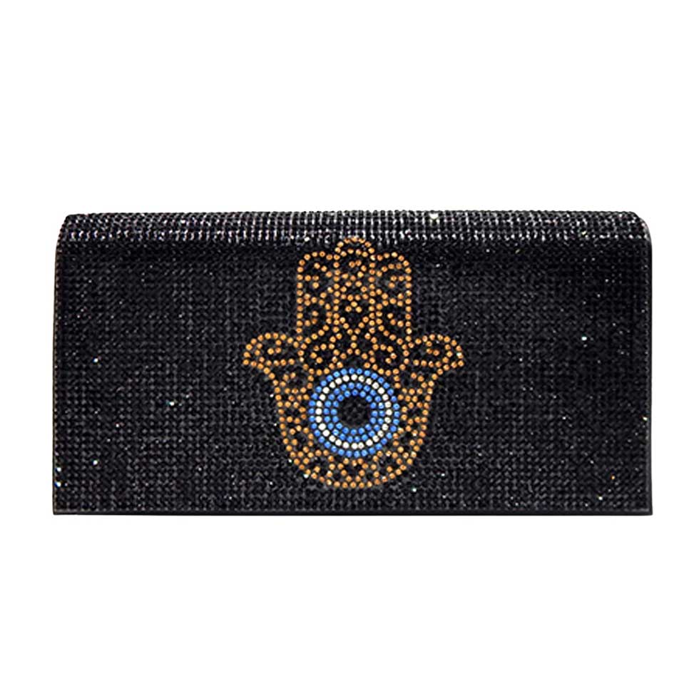 Black Bling Evil Eye Hamsa Hand Evening Clutch Crossbody Bag, is beautifully designed and fit for all special occasions & places. Perfect for makeup, money, credit cards, keys or coins, and many more things. This bling evil eye crossbody bag feature contains a detachable shoulder chain and magnetic closure that makes your life easier and trendier.