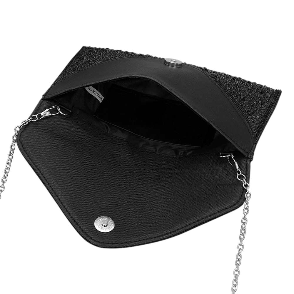 Black Bling Stone Studded Clutch Bag doubles as a crossbody bag as well, making it a versatile and stylish choice for any evening occasion. The bling stones add a touch of glamour, while the flap envelope design keeps your belongings secure. Perfect for a night out, this bag will elevate any outfit.