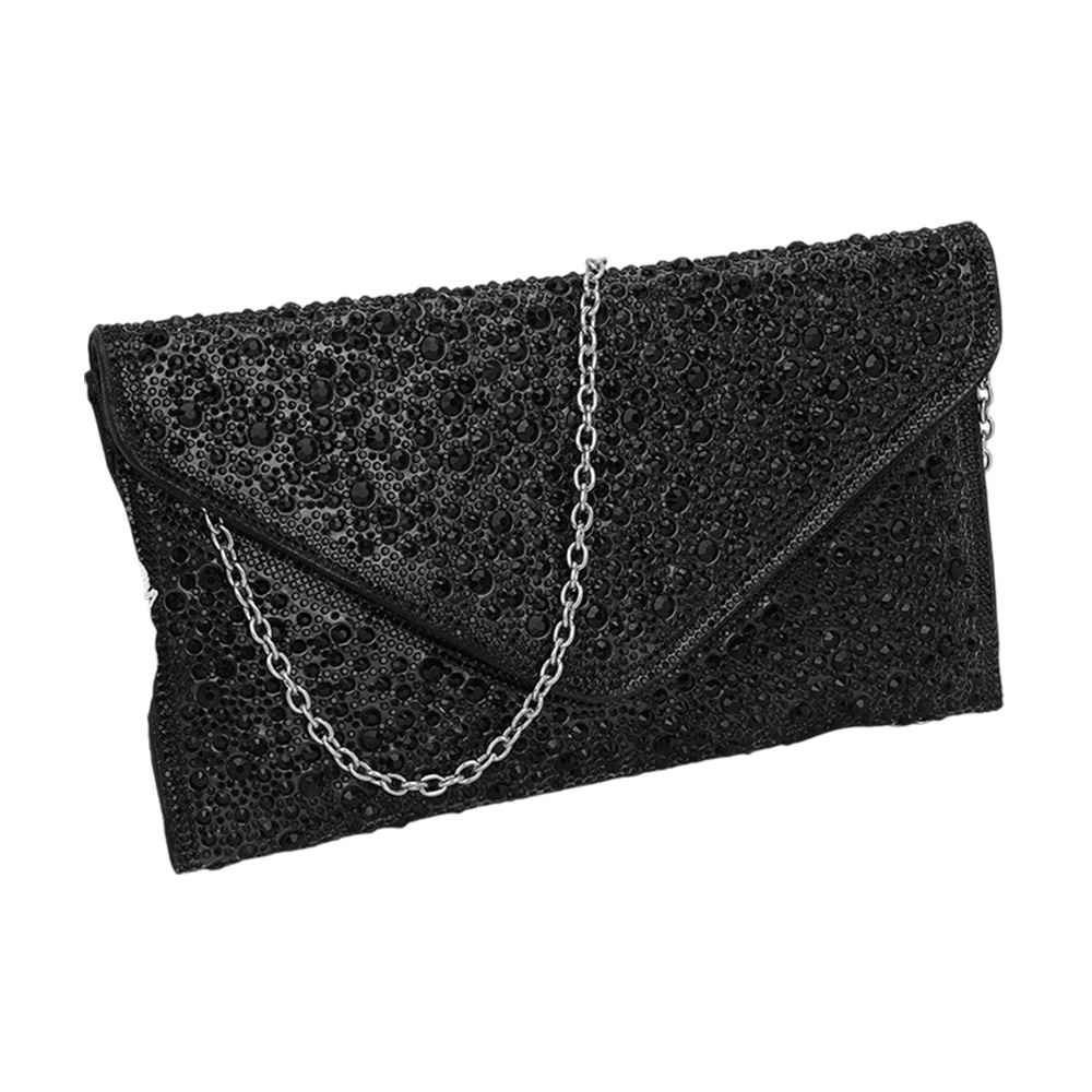 Black Bling Stone Studded Clutch Bag doubles as a crossbody bag as well, making it a versatile and stylish choice for any evening occasion. The bling stones add a touch of glamour, while the flap envelope design keeps your belongings secure. Perfect for a night out, this bag will elevate any outfit.