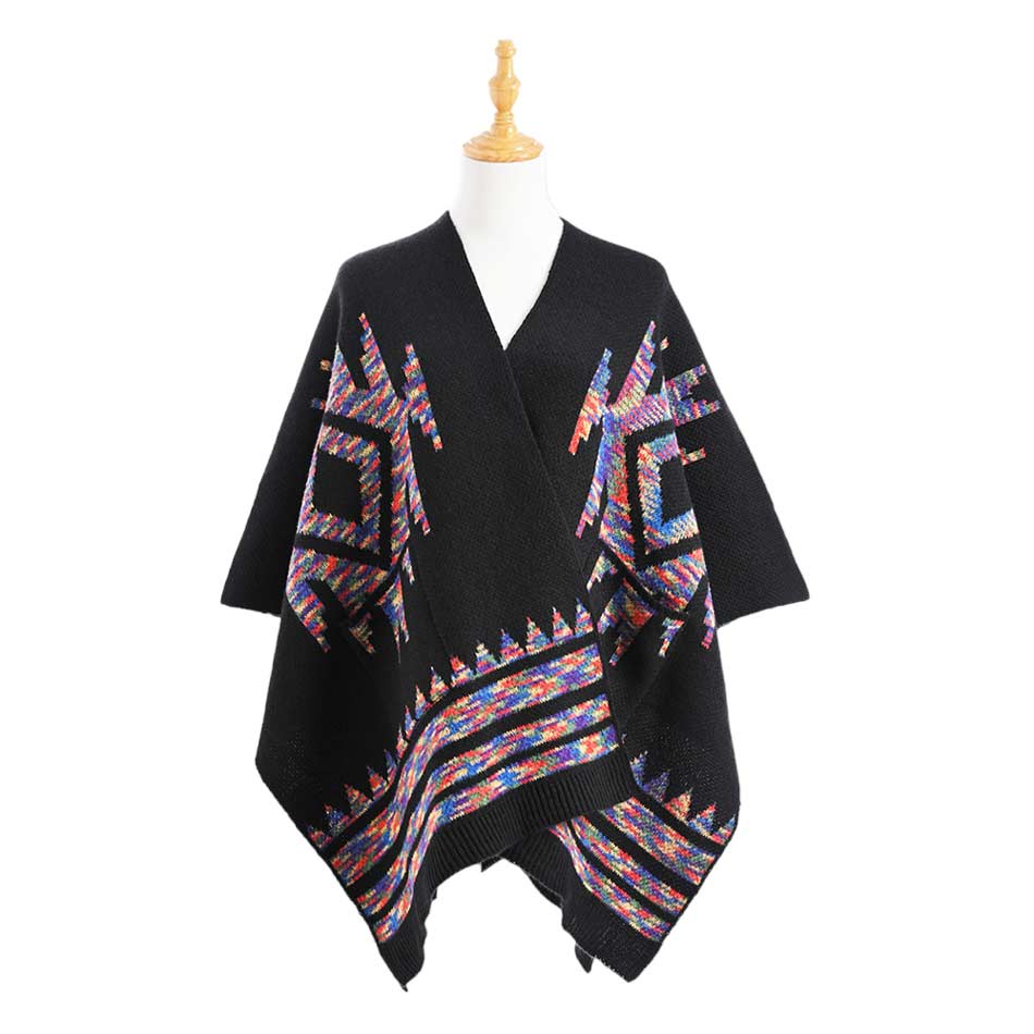 Black Boho Patterned Front Pockets Poncho, with the latest trend in ladies' outfit cover-up! the high-quality knit poncho is soft, comfortable, and warm but lightweight. It's perfect for your daily, casual, party, evening, vacation, and other special events outfits. A fantastic gift for your friends or family.