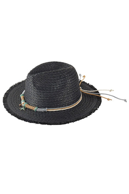 Black Braided Starfish Band Frayed Straw Summer Sun Hat features a distinctive braided starfish band and stylish frayed edges. The wide brim provides optimal UV protection while maintaining breathability, making it an essential accessory for beach outings, resort wear, or any outdoor summer activity. Lightweight construction ensures all-day comfort.