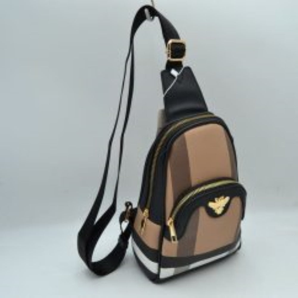 Black-Brown This functional sling bag showcases a geometric panelled pattern across the exterior, making it a distinct choice for active everyday use. It features multiple practical storage compartments, including a curved main zippered section and a smaller front pouch highlighted by a detailed metallic bee emblem. Designed with a single broad strap style, it connects to a metallic buckle at the top to allow for a versatile, over-the-shoulder carry layout.
